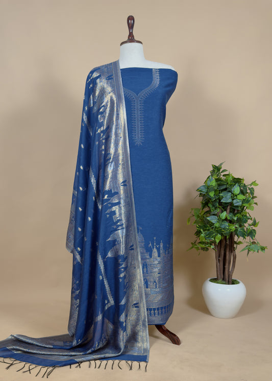 Blue Premium Cotton Silk Suit With Kani Zari Weaving