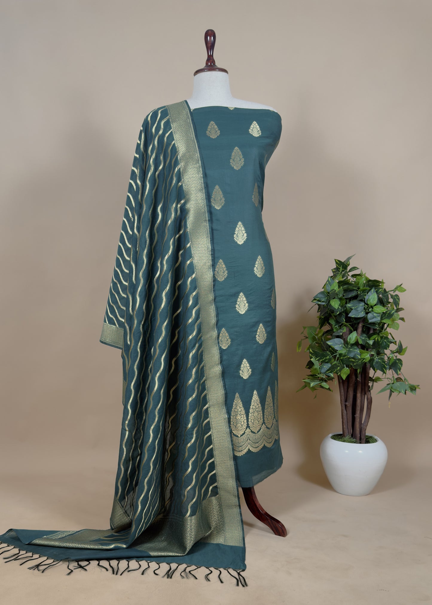 Green Handloom Banarasi Silk Suit With Zari Weaving