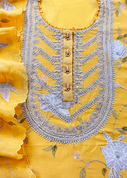 Mango Yellow Pure Silk Suit with Floral Embroidery and Handwork