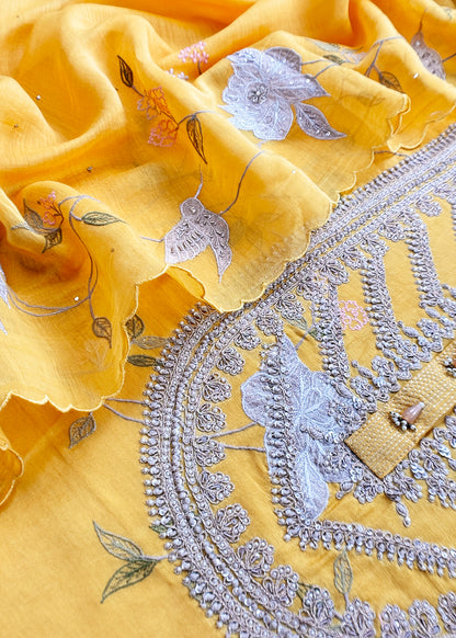 Mango Yellow Pure Silk Suit with Floral Embroidery and Handwork