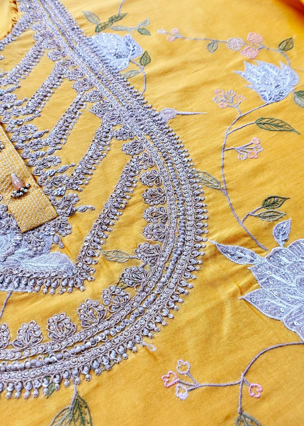 Mango Yellow Pure Silk Suit with Floral Embroidery and Handwork