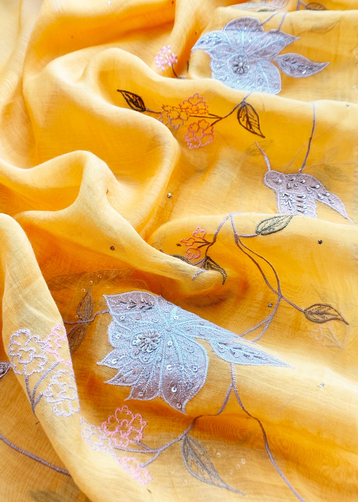 Mango Yellow Pure Silk Suit with Floral Embroidery and Handwork