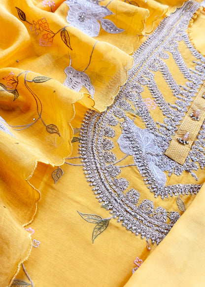 Mango Yellow Pure Silk Suit with Floral Embroidery and Handwork