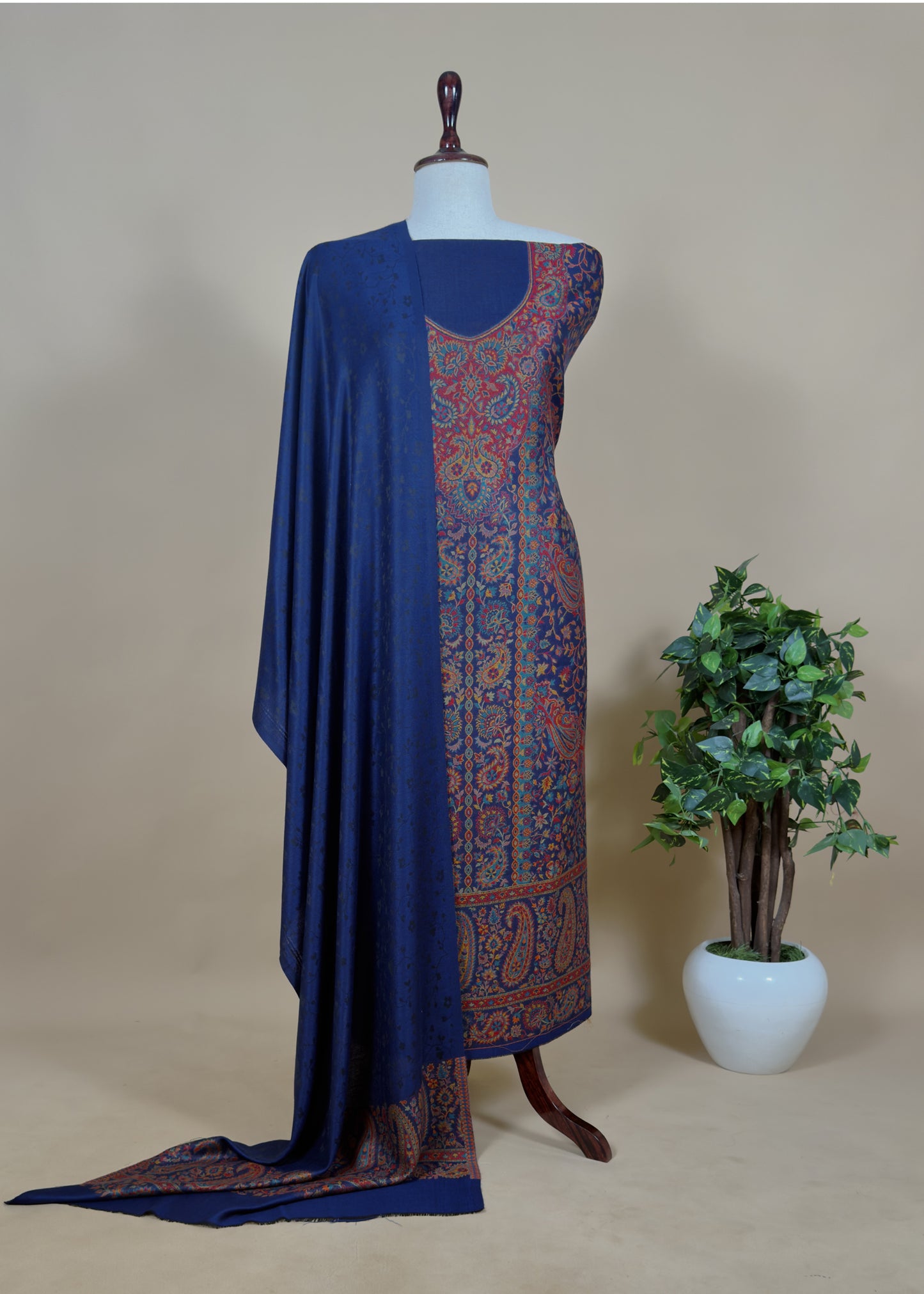 Blue Handloom Pashmina Suit With Kani Zari Weaving