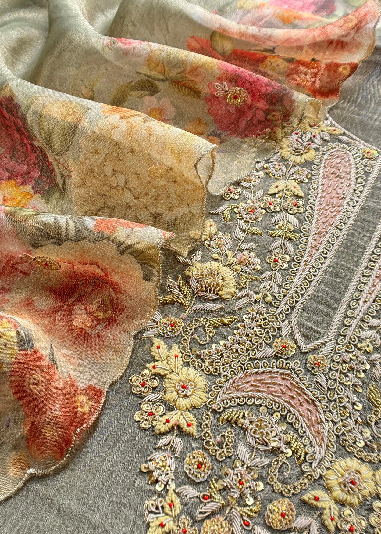 Olive Green Pure Crushed Tissue Kurta And Brush-Print Dupatta With Handwork
