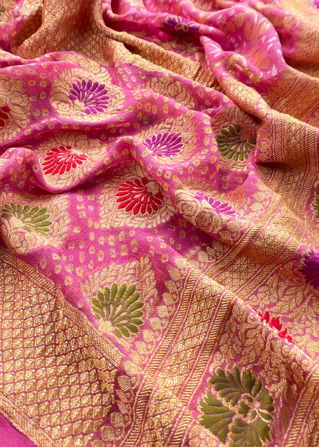 Luxe Taffy Pink Khaddi Georgette Suit Fabric With Mughal Meenakari Weaving