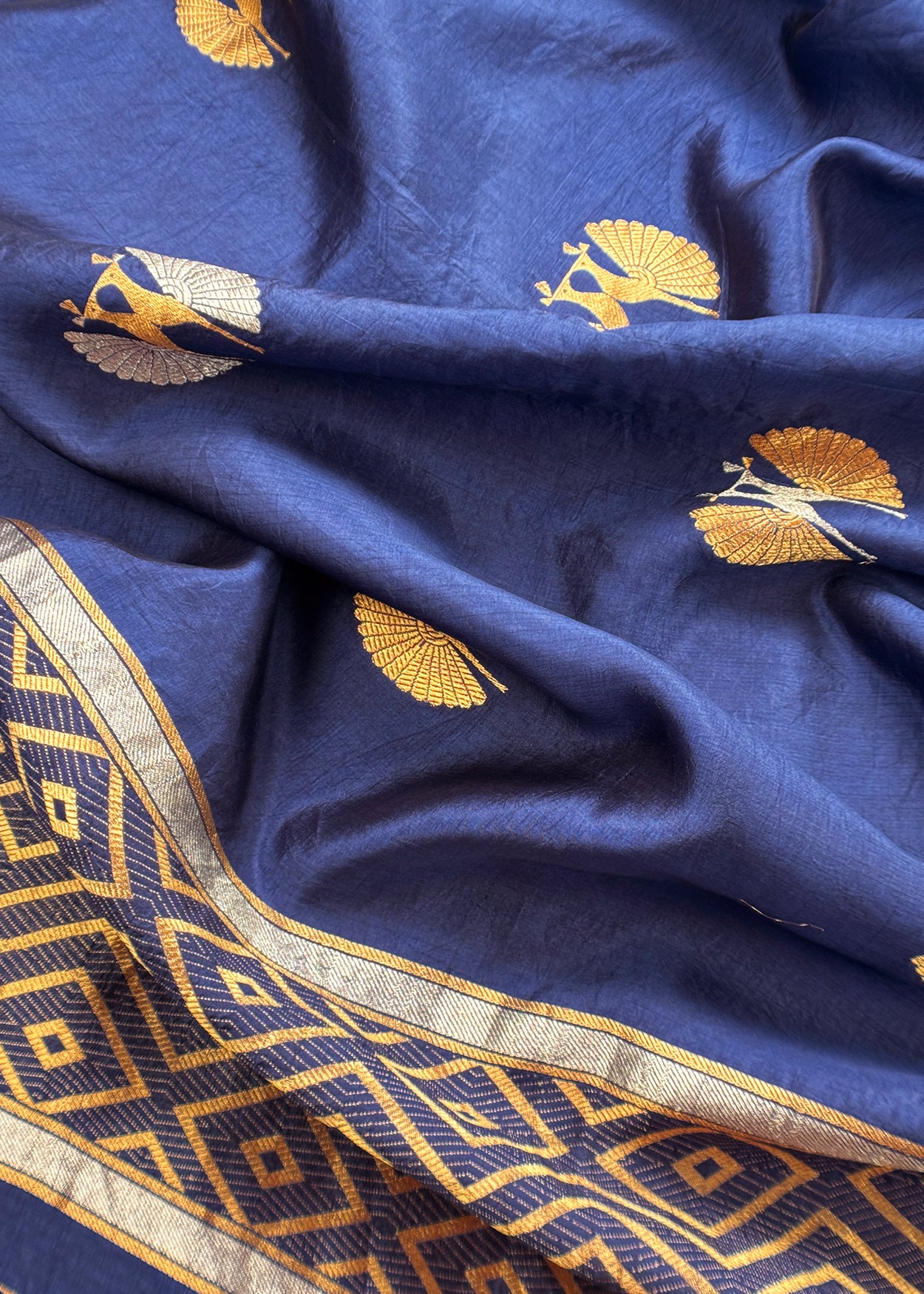 Midnight Blue Handloom Silk Unstitched Suit Fabric With Kadwa Weaving