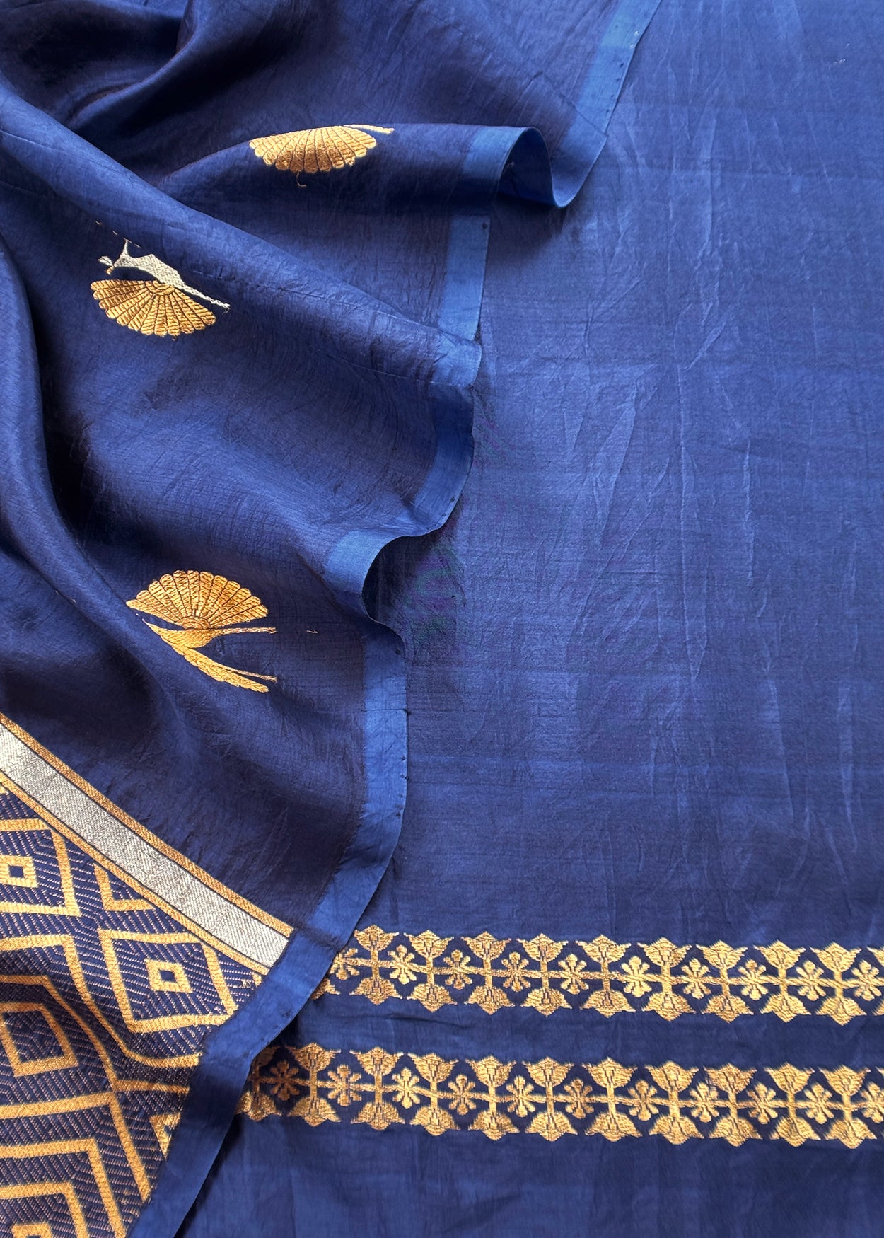 Midnight Blue Handloom Silk Unstitched Suit Fabric With Kadwa Weaving