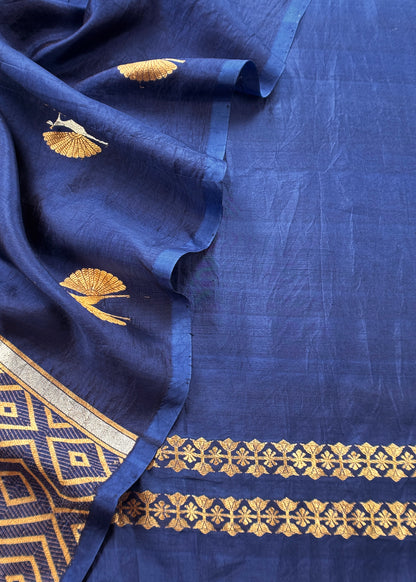 Midnight Blue Handloom Silk Unstitched Suit Fabric With Kadwa Weaving