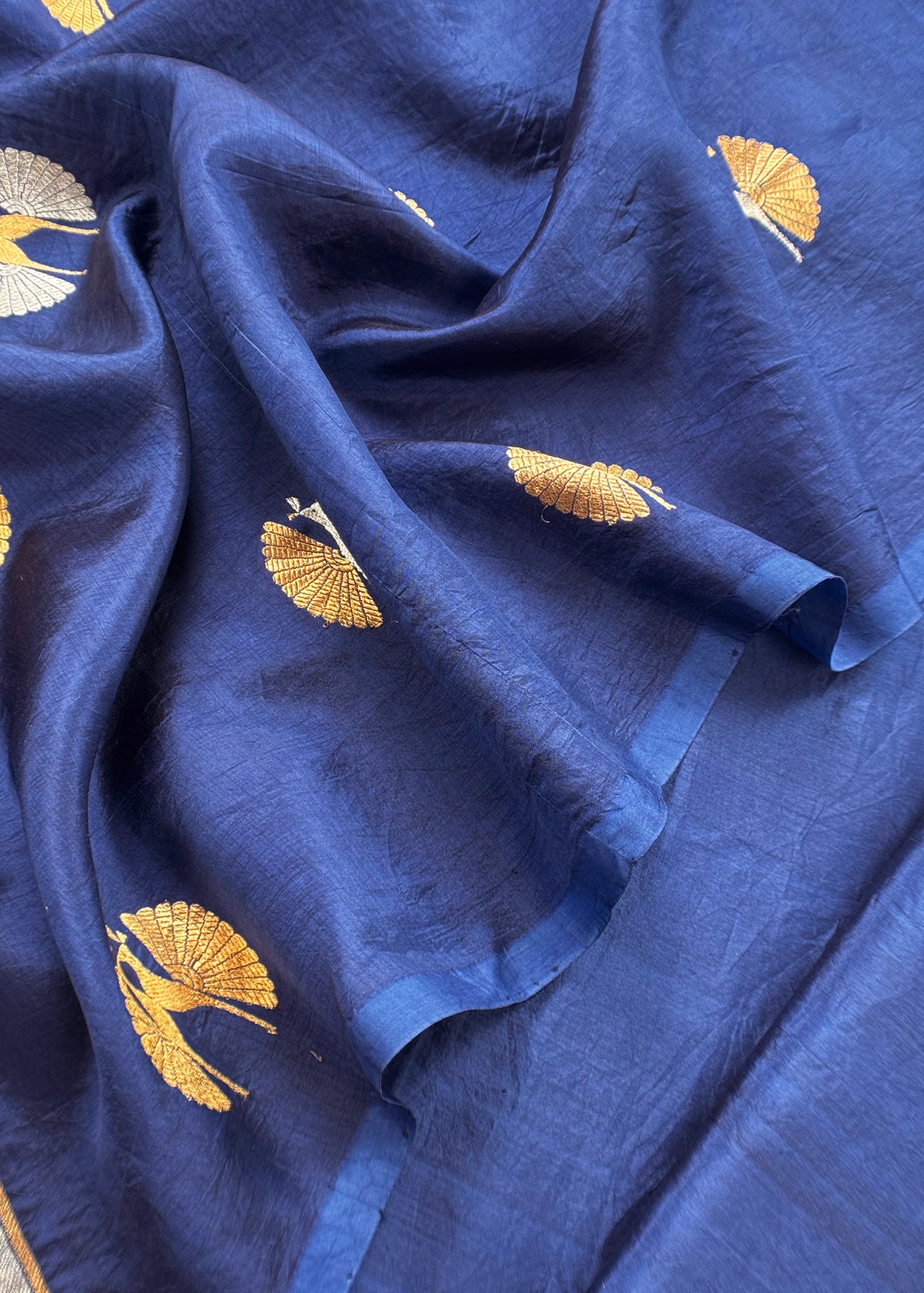 Midnight Blue Handloom Silk Unstitched Suit Fabric With Kadwa Weaving