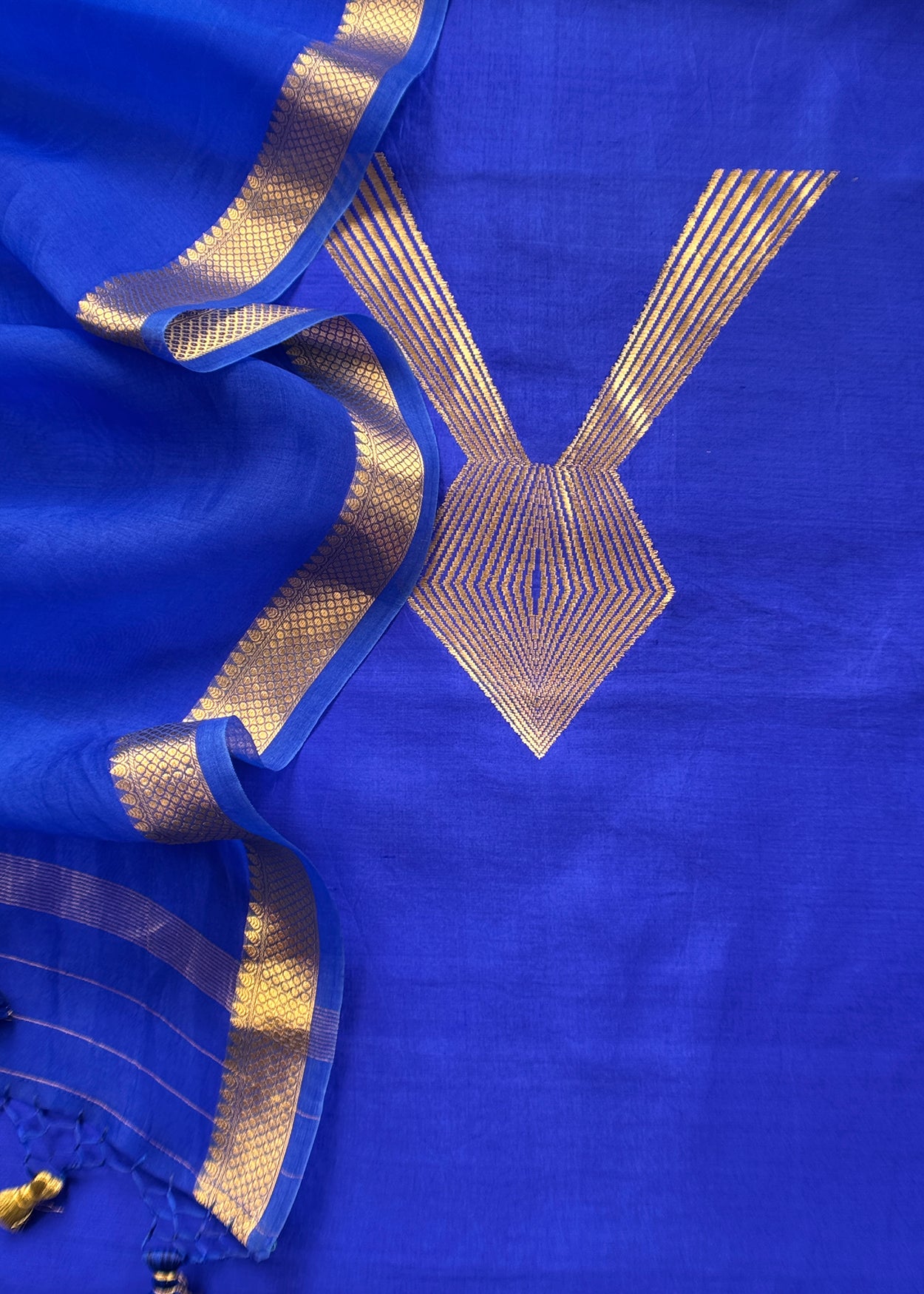 Designer Sapphire Blue Handloom Silk Suit With Zari Weaving