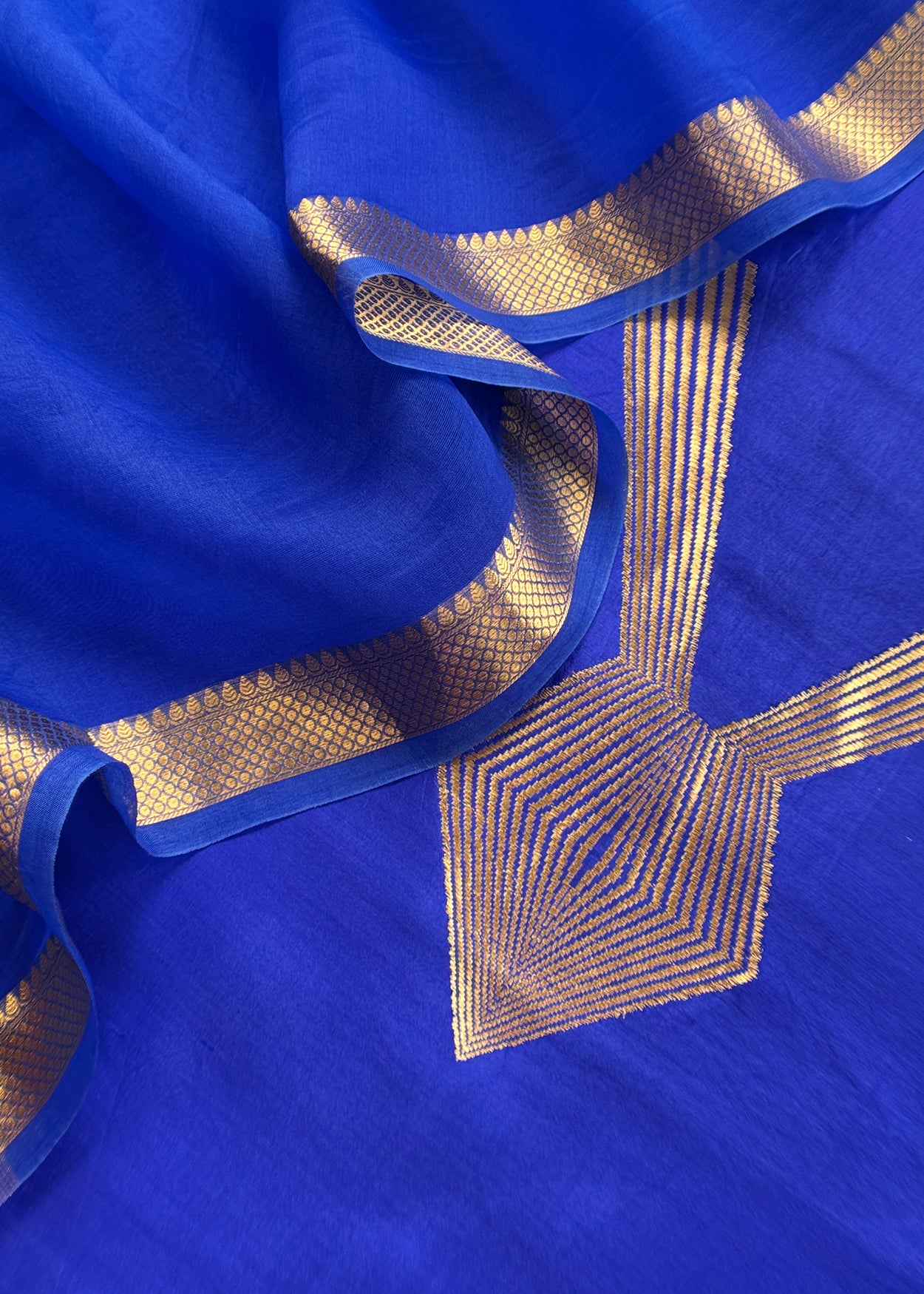 Designer Sapphire Blue Handloom Silk Suit With Zari Weaving