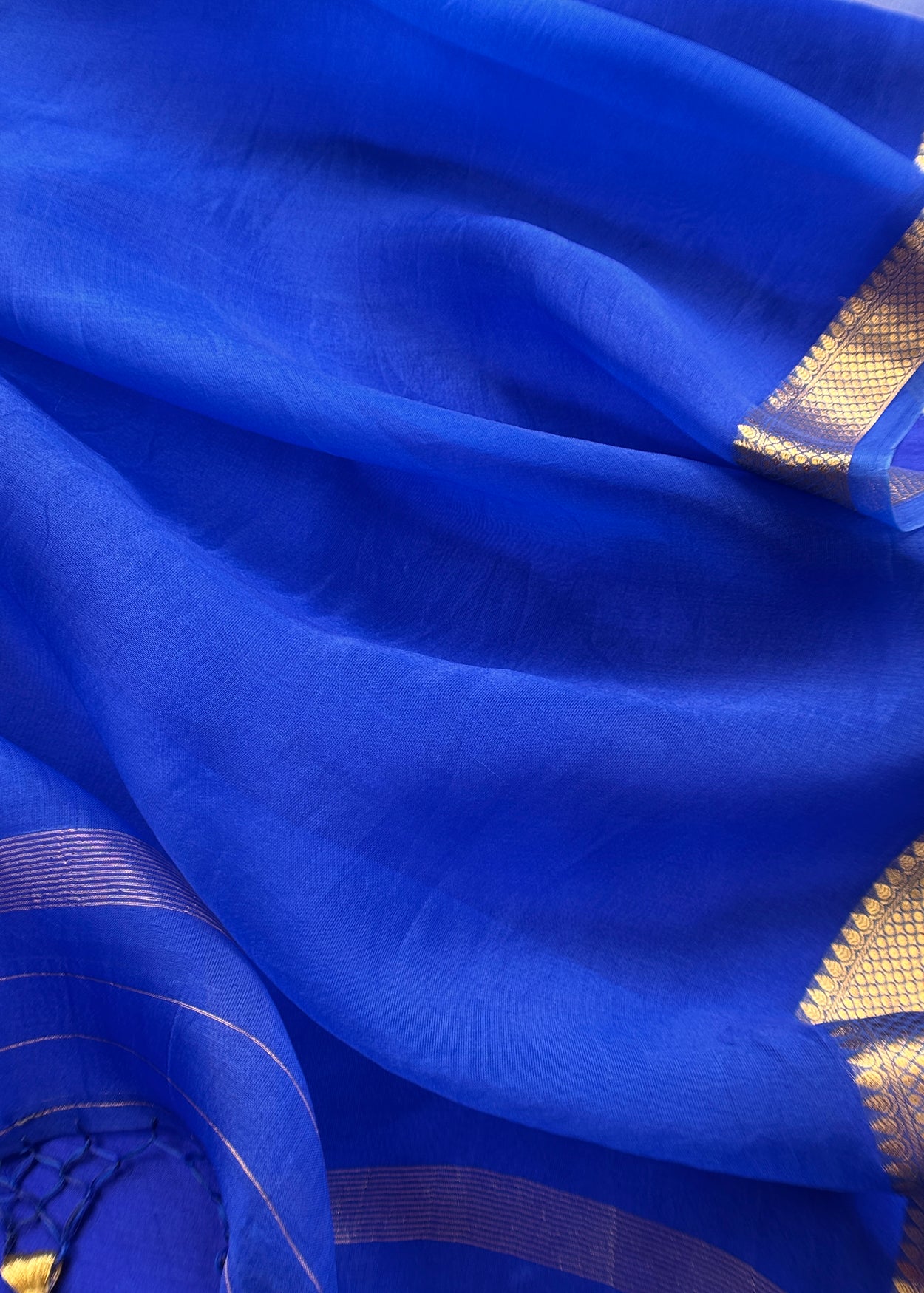Designer Sapphire Blue Handloom Silk Suit With Zari Weaving