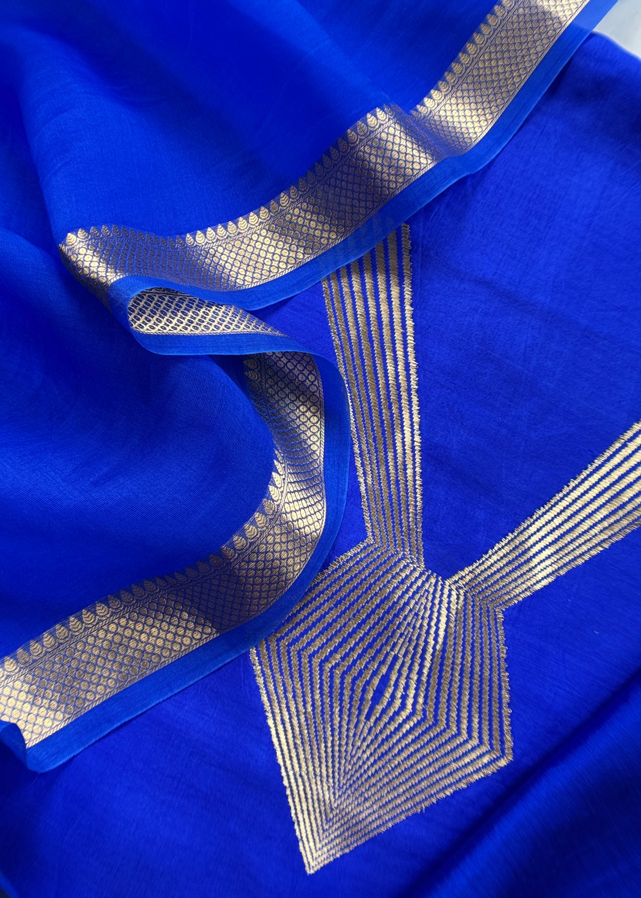 Designer Sapphire Blue Handloom Silk Suit With Zari Weaving