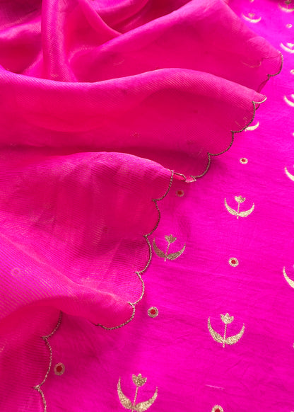 Pink Chaandbaali Pure Satin Silk Kurta And Tissue Silk Dupatta With Handwork