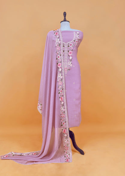Yellow Pure mulmul Unstitched Suit Fabric With Floral Resham Embroidery