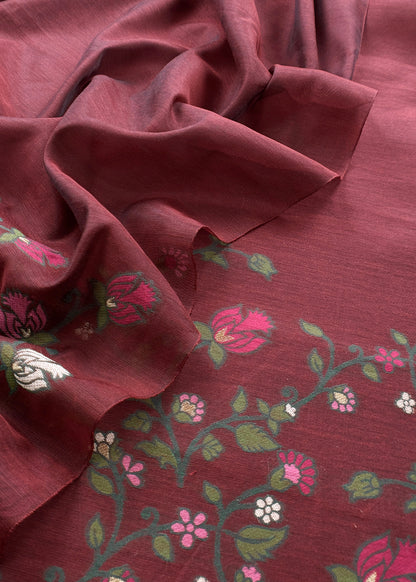 Maroon Chanderi linen Suit With Jamdani Weaving