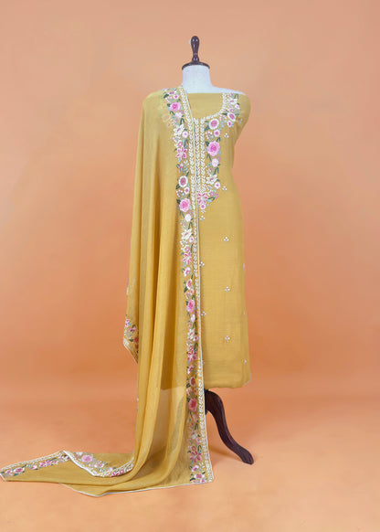 Yellow Pure mulmul Unstitched Suit Fabric With Floral Resham Embroidery