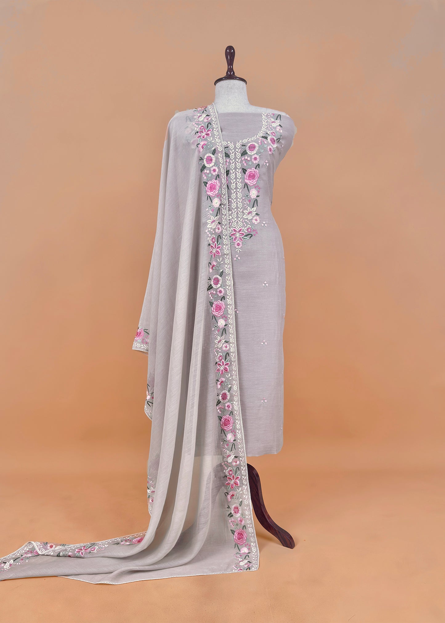 Taffy Pink Pure Mulmul Unstitched Suit Fabric With Floral Resham Embroidery