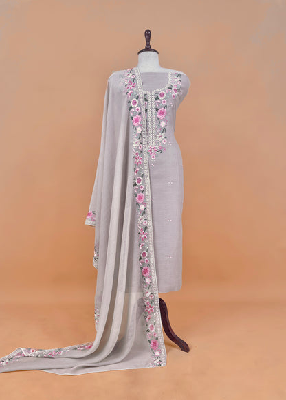 Yellow Pure mulmul Unstitched Suit Fabric With Floral Resham Embroidery