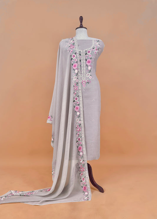 Beige Latte Pure Mulmul Unstitched Suit Fabric With Floral Resham Embroidery