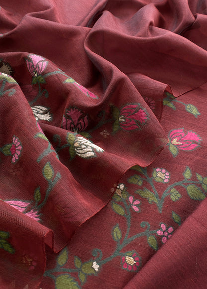 Maroon Chanderi linen Suit With Jamdani Weaving