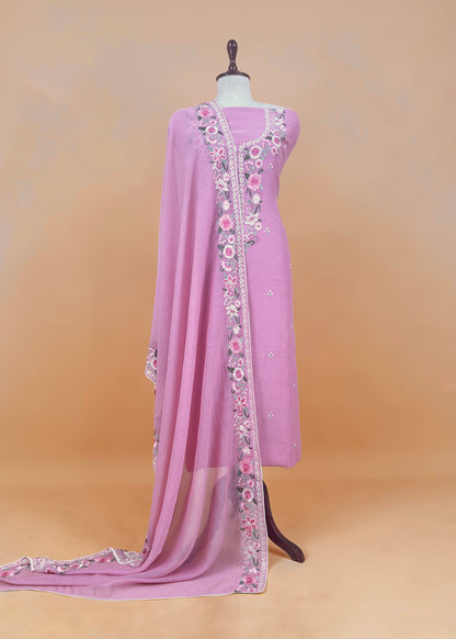 Yellow Pure mulmul Unstitched Suit Fabric With Floral Resham Embroidery
