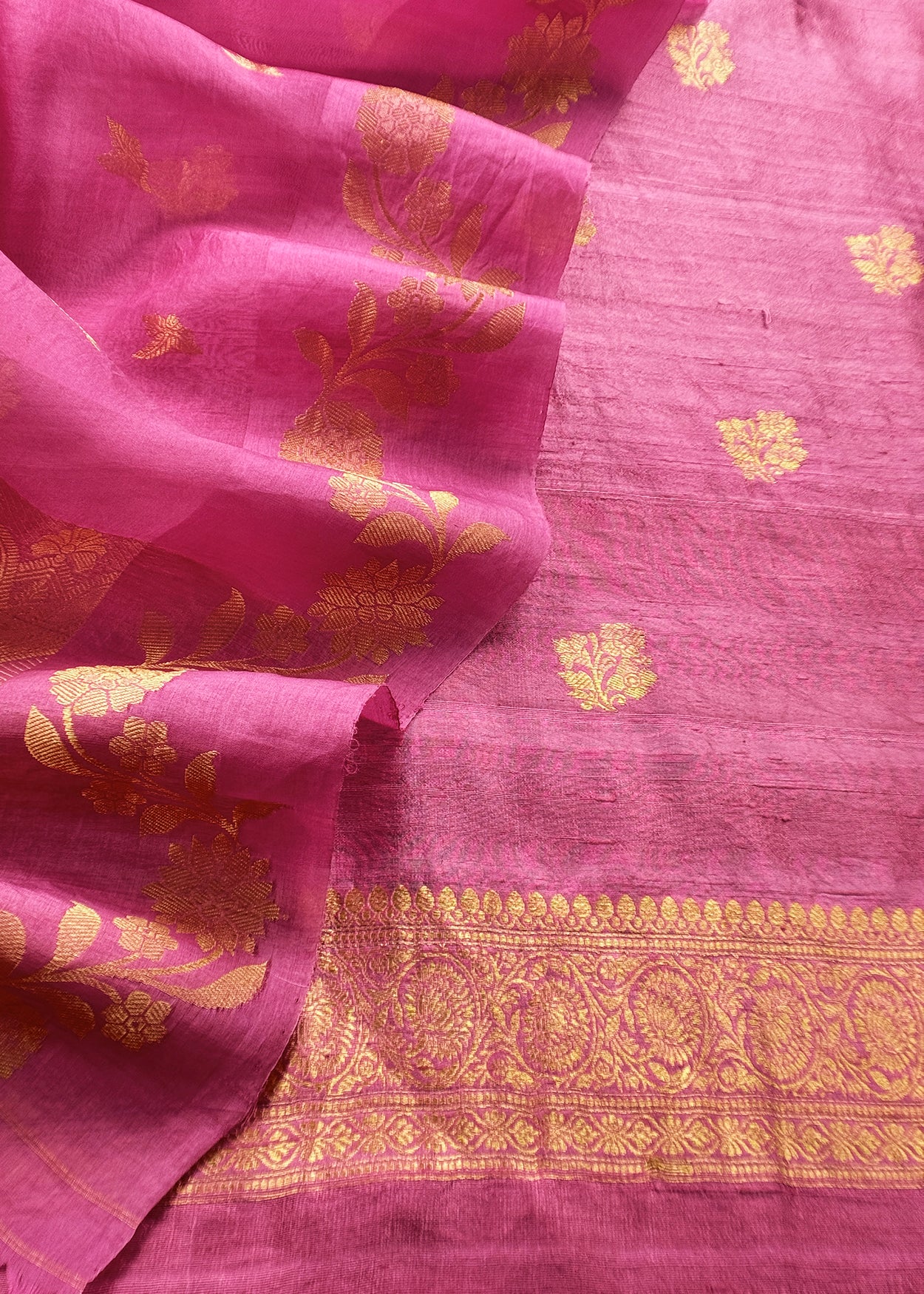 Pink Handloom Raw Silk Kurta And Kora Silk Dupatta With Gold Kadwa Weaving