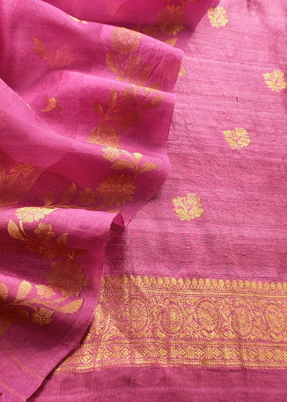 Pink Handloom Raw Silk Kurta And Kora Silk Dupatta With Gold Kadwa Weaving