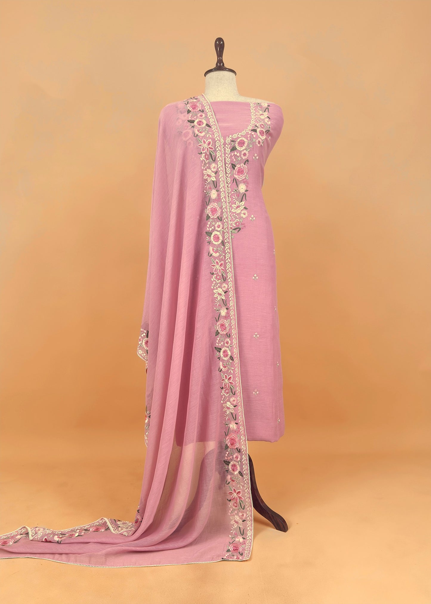 Taffy Pink Pure Mulmul Unstitched Suit Fabric With Floral Resham Embroidery