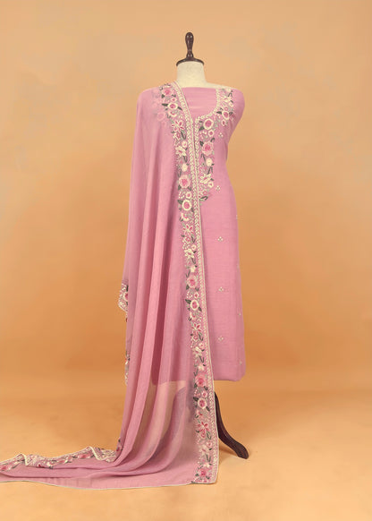 Lilac Pure Mulmul Unstitched Suit Fabric With Floral Resham Embroidery