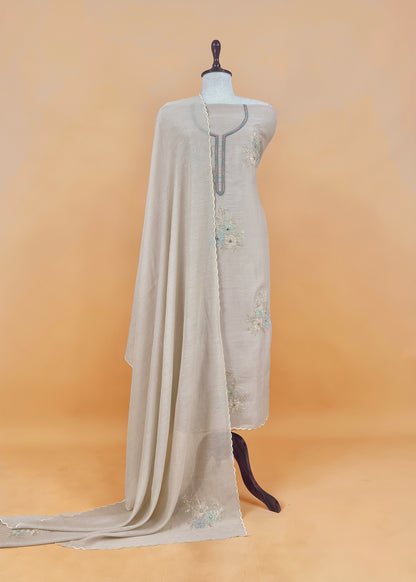 Beige Pure Mul Unstitched Suit Fabric With Pitta, Appliqué And Cutdana Handwork