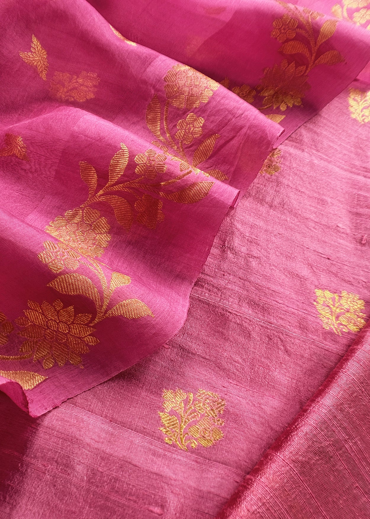 Pink Handloom Raw Silk Kurta And Kora Silk Dupatta With Gold Kadwa Weaving