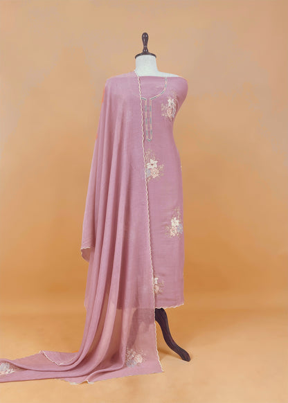 Beige Pure Mul Unstitched Suit Fabric With Pitta, Appliqué And Cutdana Handwork