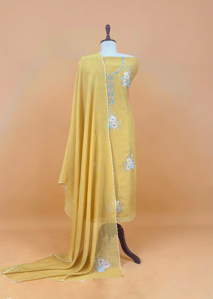 Beige Pure Mul Unstitched Suit Fabric With Pitta, Appliqué And Cutdana Handwork
