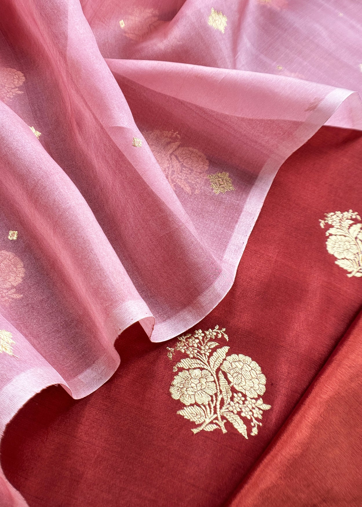 Maroon And Pink Handloom Silk Suit with Kora Silk Dupatta With Gold Kadwa Weaving