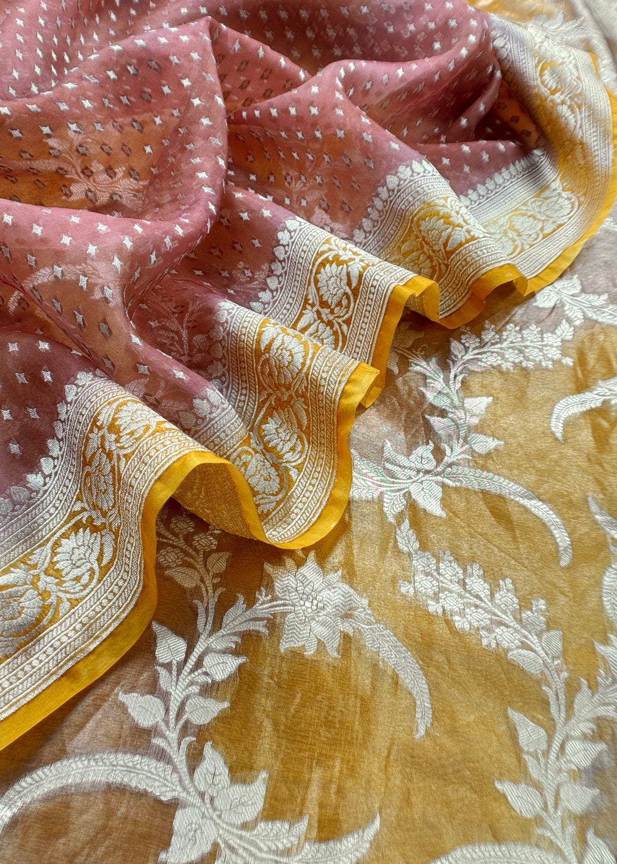 Goldan And Brown Handloom Tissue Silk Suit With Kadwa weaving