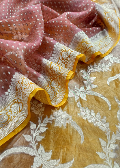 Goldan And Brown Handloom Tissue Silk Suit With Kadwa weaving