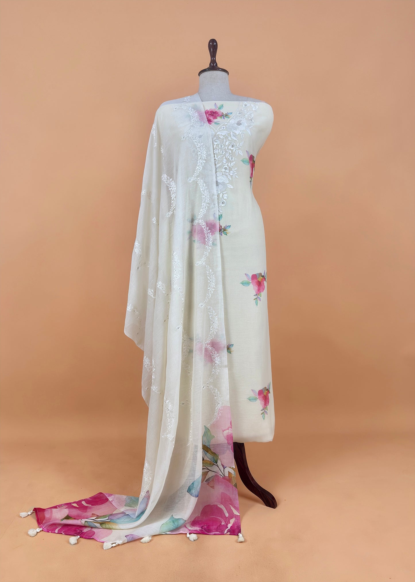 Sky Blue Handloom Mul Unstitched Suit Fabric With Embroidery