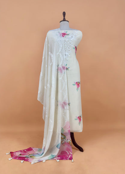 Butter Yellow Handloom Mul Unstitched Suit Fabric With Embroidery
