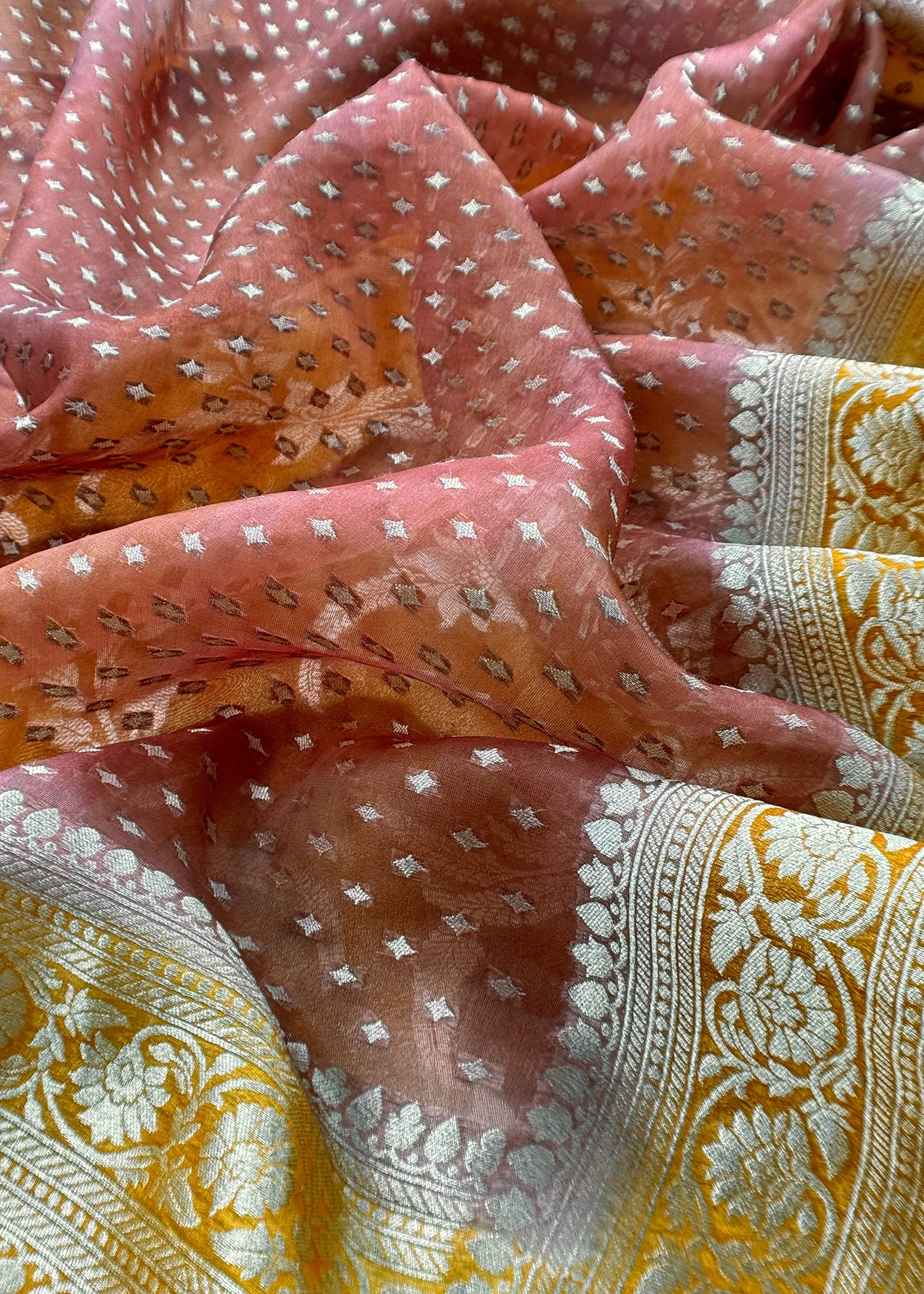 Goldan And Brown Handloom Tissue Silk Suit With Kadwa weaving