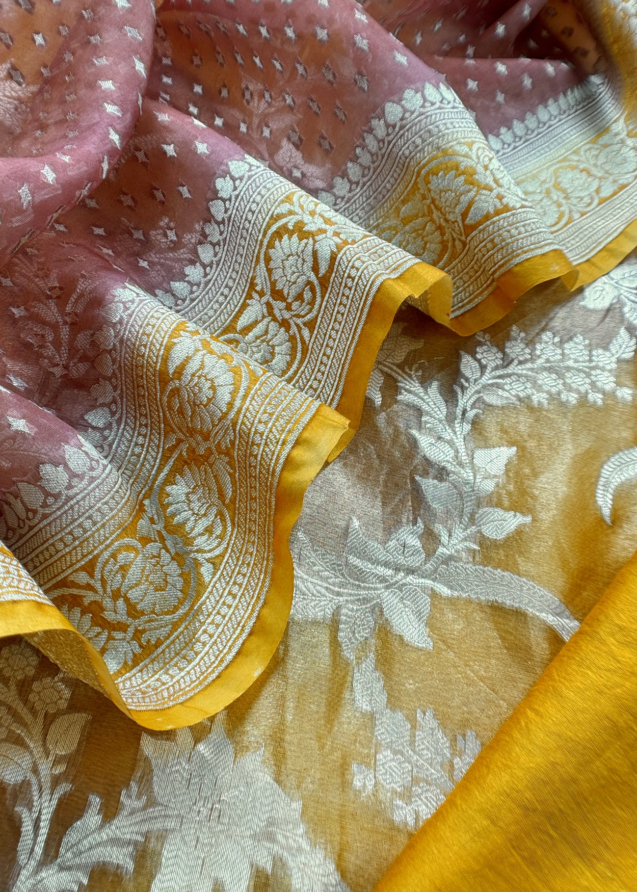 Goldan And Brown Handloom Tissue Silk Suit With Kadwa weaving