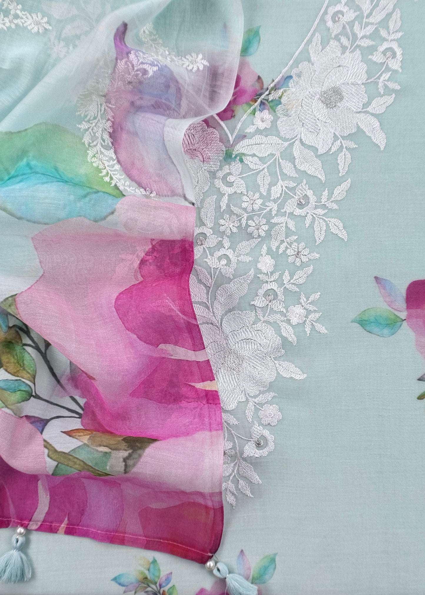 Sky Blue Handloom Mul Unstitched Suit Fabric With Embroidery