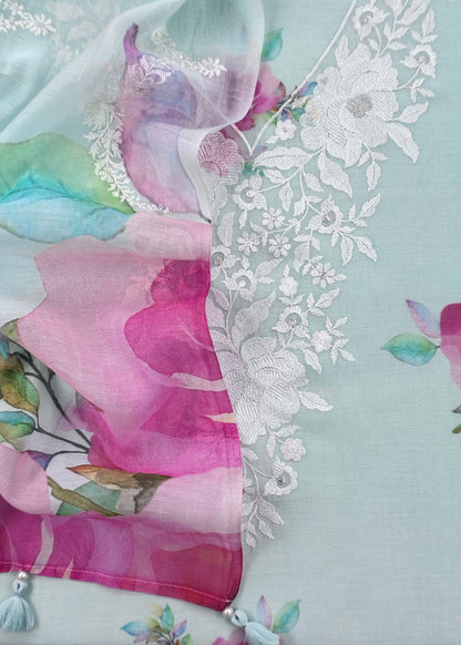 Sky Blue Handloom Mul Unstitched Suit Fabric With Embroidery