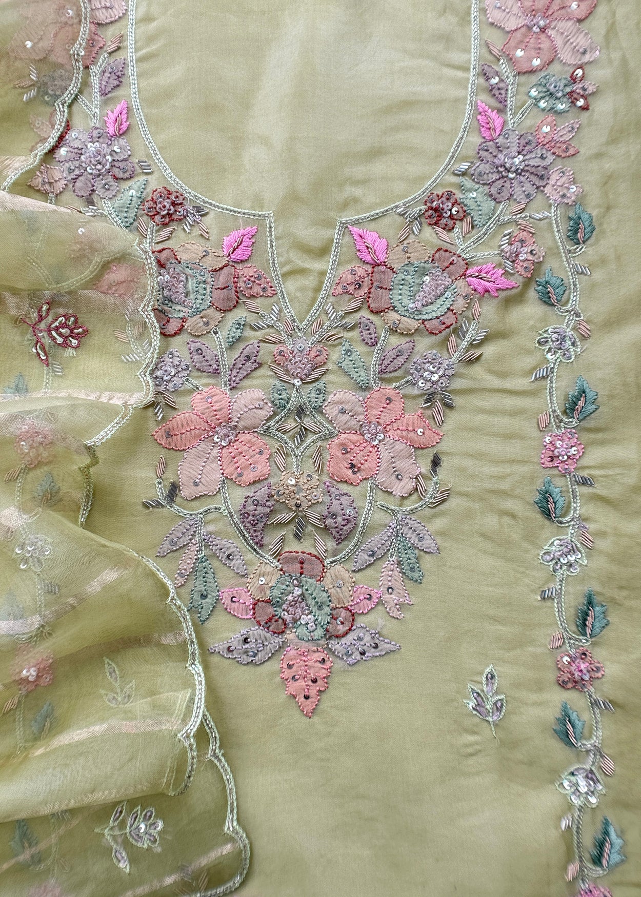 Pista Green Pure Kora Silk Suit With Dori Embroidery