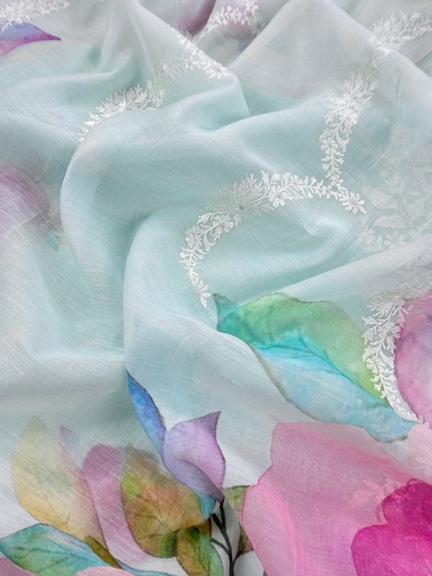 Sky Blue Handloom Mul Unstitched Suit Fabric With Embroidery