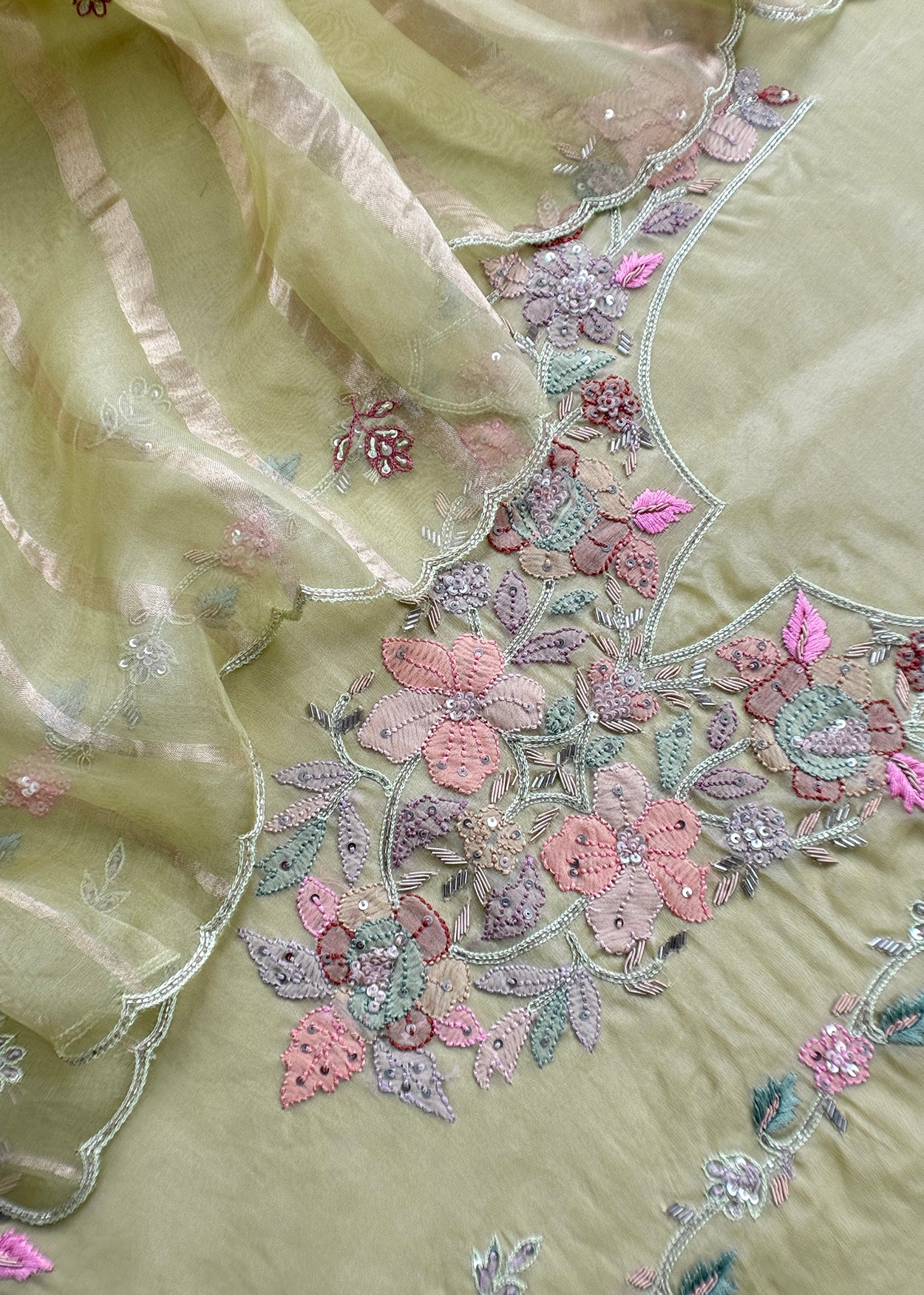 Pista Green Pure Kora Silk Suit With Dori Embroidery
