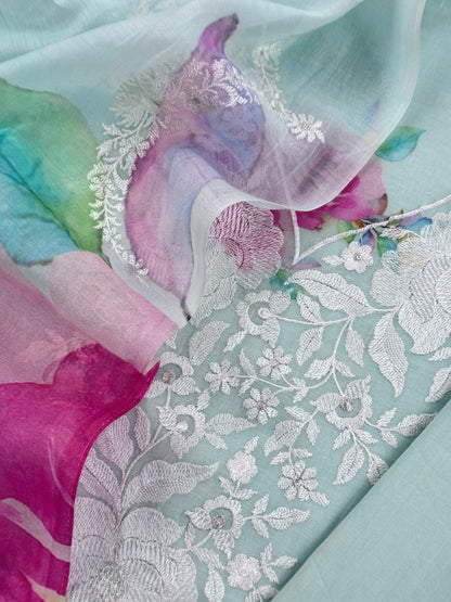Sky Blue Handloom Mul Unstitched Suit Fabric With Embroidery