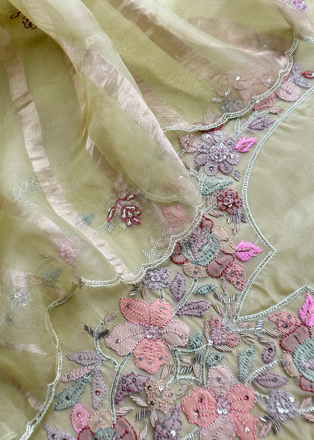 Pista Green Pure Kora Silk Suit With Dori Embroidery
