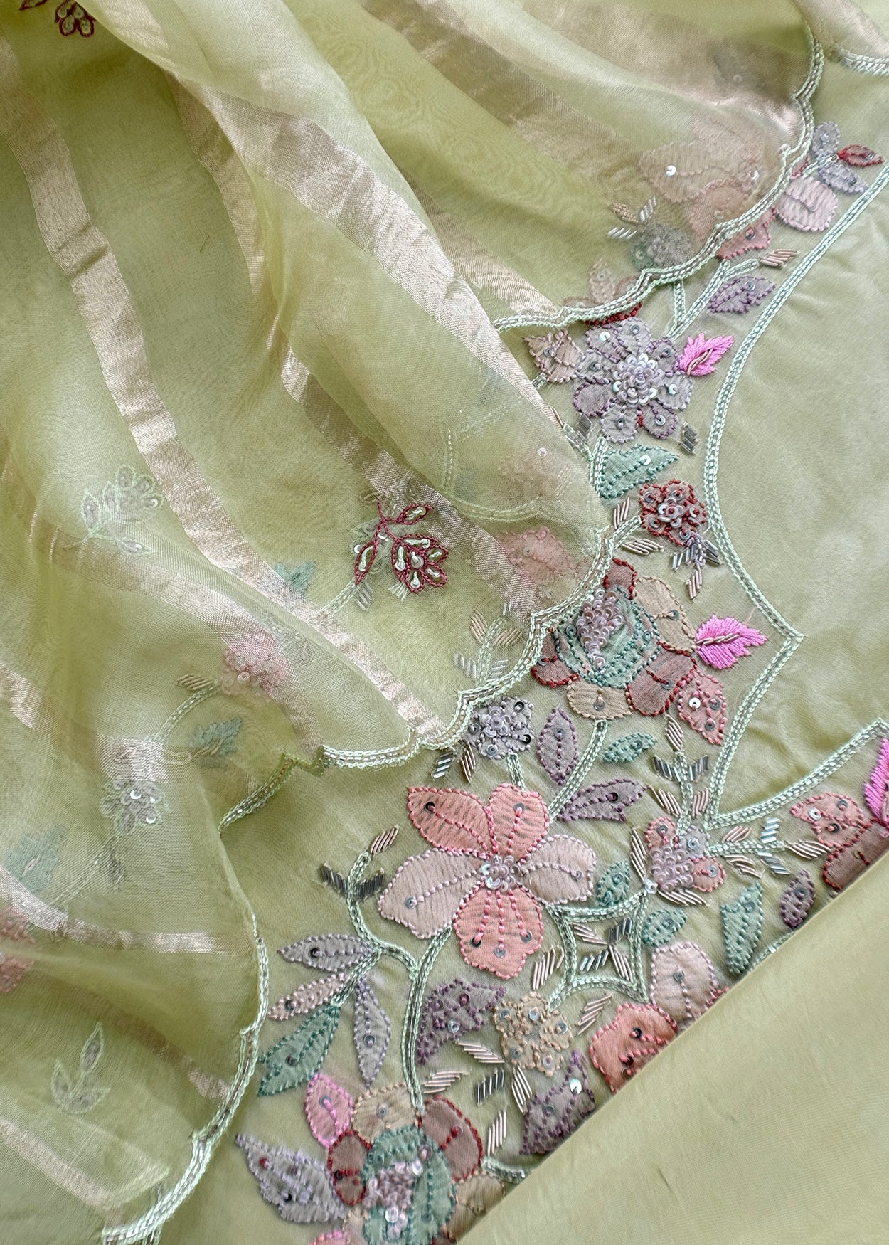 Pista Green Pure Kora Silk Suit With Dori Embroidery